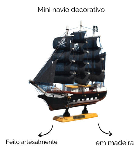 Barco Navio Veleiro Preto Pirata Com Caveira Decoração 15cm 1