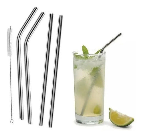 Stainless Steel Drinking Straws Set with Cleaning Brush - Eco-Friendly and Stylish - Set De Bombilla Con Sorbete Cepillo Tragos Acero Barman