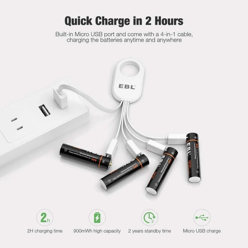 Pack of 4 EBL Lithium AAA Batteries 900mWh with USB Charger 2
