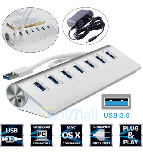 Aluminum USB 3.0 Hub 7 Ports 5 Gbps Speed + Power Adapter 1