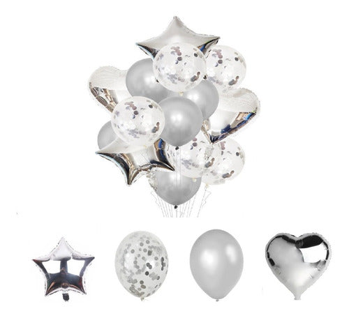 Silverled Set of 14 Metallic Confetti Star and Heart Balloons for Parties 0