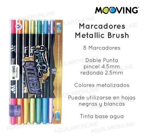 Mooving Kit 8 Double-Tip Metallic Brush Markers + Plantec Block 2