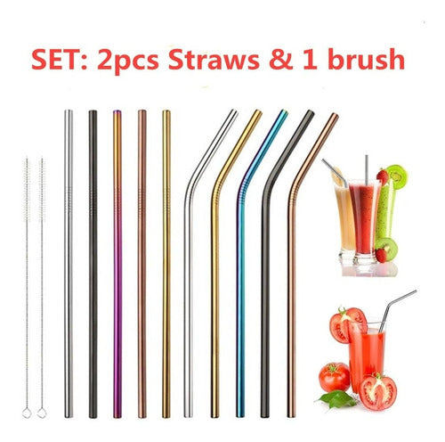 Colorful Stainless Steel Straws Set with Cleaning Brush - Set 2 Bombillas Color Sorbetes Con Cepillo Acero Inoxidable