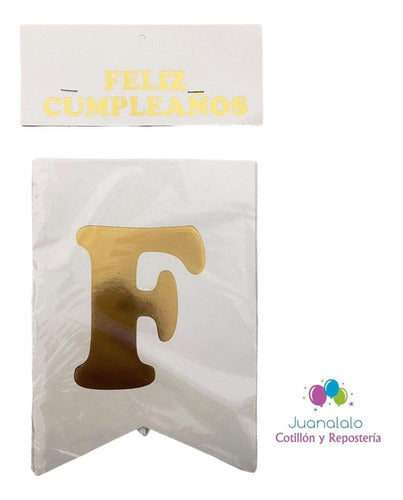 Banderin Blanco Letras Doradas Feliz Cumpleaños Cotillon Dec 1