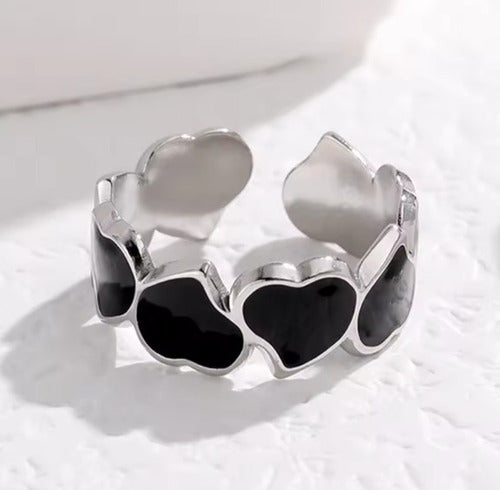 Burdah Delicate Adjustable Women's Ring Hearts Black Silver 1