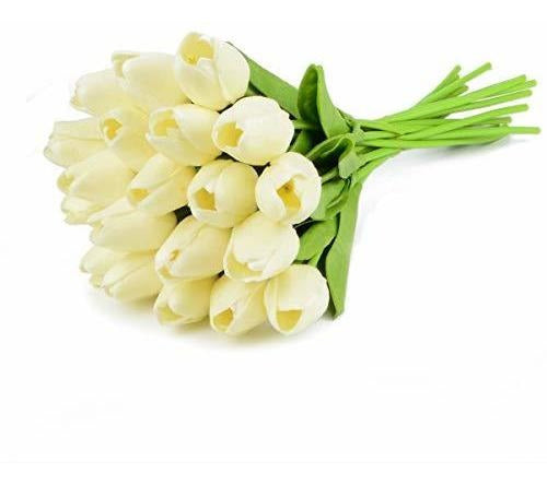 Hovebeaty Artificial Tulips Bridal Wedding Festival Decor Bouquet Real Touch Pu Flower Bouquet Pack Of 20 (Milk White) 0