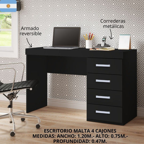 Only Malta Desk with 4 Drawers - Office Rack in Black/White/Tobacco Color 1