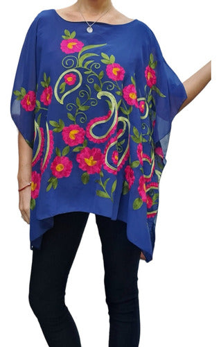 Wide Poncho Style Blouse / Tunic Embroidered with Flowers 1