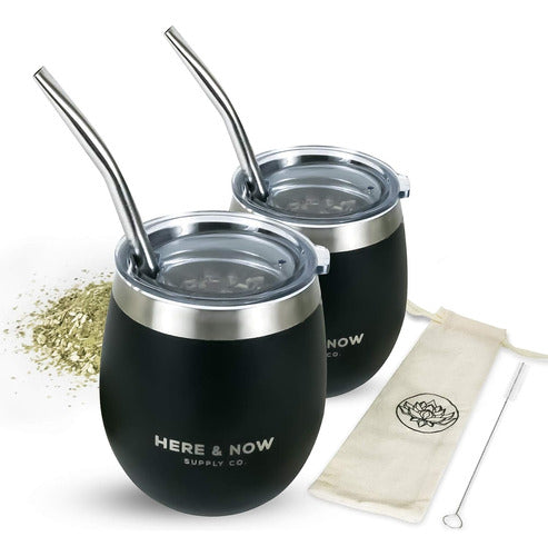 Here & Now Supply Co. Mate Termico Con Bombilla Y Tapa Set De 2 Negro 0