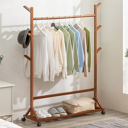 Generic Standing Clothes Rack Bamboo Wood 100x155cm Mahogany Color 1