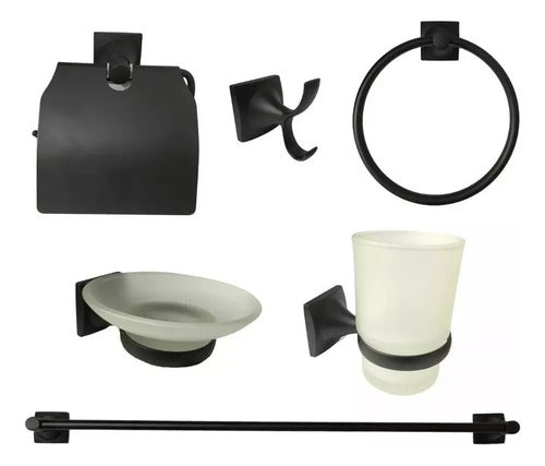 Rohermet Kit Set 6 Bathroom Accessories Black Metallic Glass 0