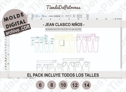 Molde Patron Coreldraw Jean Clásico Niños Talles 6 Al 14 2