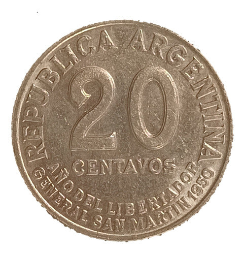 Valor y Fecha Argentina 20 Centavos 1950 Excelente CJ 228 Año Libertador 0