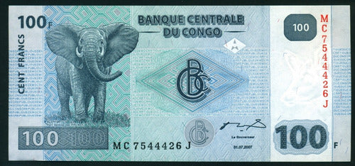 Congo Billete De 100 Francos Año 2007 Sin Circular Fauna 1