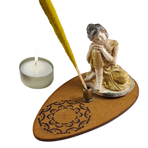 Comenzando a Despertar Buddha Incense Holder, Monk Made of Plaster and Wood with Candle 0