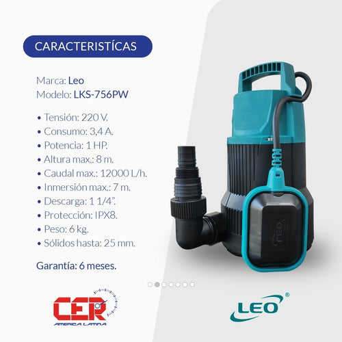 Leo Group Submersible Drain Pump Aguas Sucias 220V 1HP 2