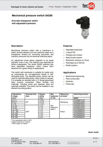 Presostato Tecsis Switch De Presión 0.2 A 2 Bar Rosca 1/4 5