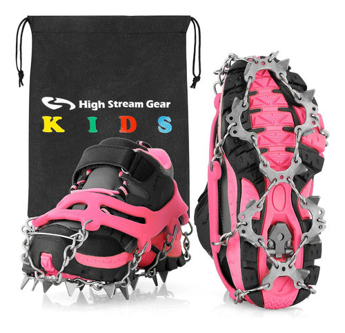 High Stream Gear Kids Ice Cleats - Snow Crampons For Shoes With 14 Stainless Steel Spikes, Anti Slip Traction Grips, Pink 0