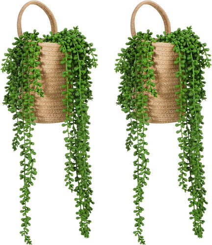 Umigy Hanging Wall Basket Set with 4 Pearl Strings - Jute Decor 0