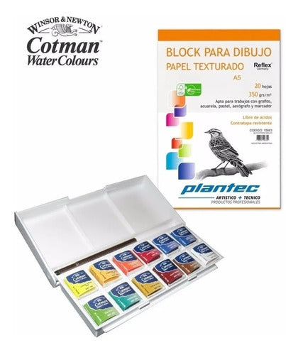 Set 12 Acuarelas Cotman Winsor & Newton + Block 350g Plantec 0