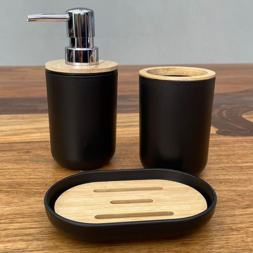 Silmar Set Baño X3 Dispenser Jabonera Vaso Melamina Negro Y Bamboo 1