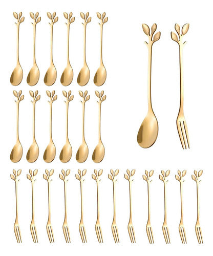 Home Love Set X24 Golden Dessert Forks & Spoons with Floral Design 0