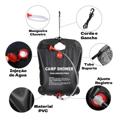 Ducha Chuveiro Portátil Solar Camping Pesca 20 Litros Banho 3