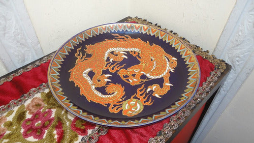 Plato Oriental Antiguo Dragon Esmaltado Cobalto Y Oro Vealo 4