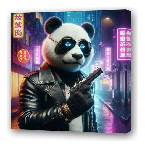 Cuadro 20x20cm Panda Con Un Arma Ciudad Campera Cuero 0