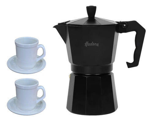 Italian Total Black 290ML Coffee Maker Set with American Mugs and Saucers x2 0