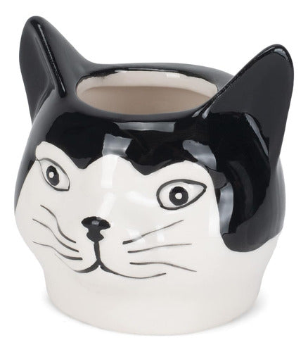 Napco Black White Cat Head 2.75 Inches Ceramic Pot 0