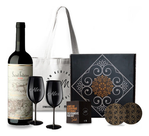 Saint Felicien Box Set Vino Malbec with Engraved Black Glasses 0