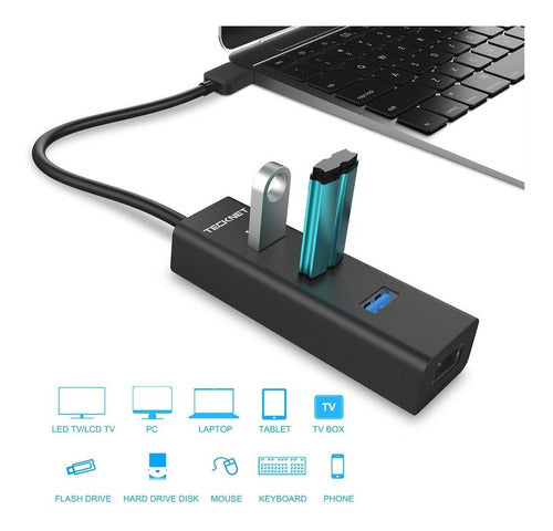 TeckNet Aluminum 3-Port USB 3.0 Hub with RJ45 10/100/1000 3