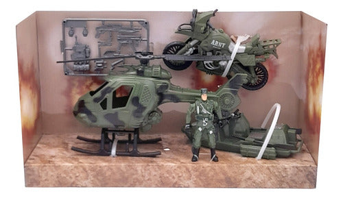 Toy Center Military Toy Set Soldier Motorcycle Boat Helicopter 1