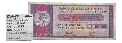 B127 Bolivia Billete Emergencia 10 Millonones 1985 P-192 0