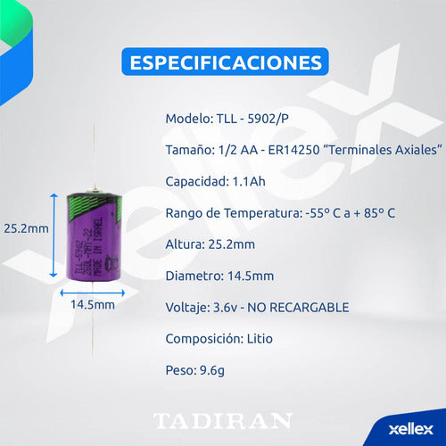 Tadiran 1/2 AA TLL-5902/P Axial Battery - 5 Pack 1