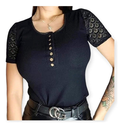 Lace Detail Ribbed Top with Buttoned Neckline 0