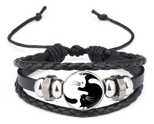 Adjustable Yin Yang Cats Leather Bracelet Unisex 0