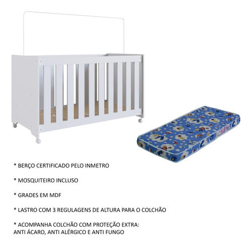 Berço Infantil Simples Com Rodas, Colchão E Regulagem Branco 4