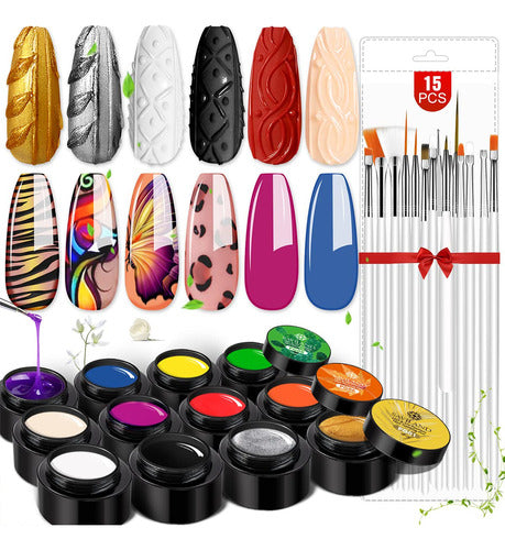 Kit De Esmalte De Uñas En Gel 12 Colores Mas 15 Pinceles 0