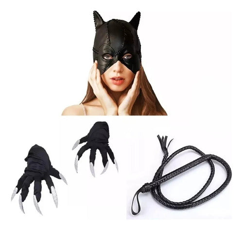 Catwoman Costume Kit Combo - Latex Mask, Claw Gloves, Whip Set 0