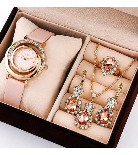 Flowingraff Set of 4: Watch + Necklace + Ring + Earrings * Pink 1