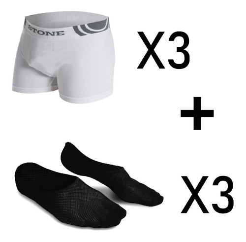 Stone Boxer X3 Assorted + 3 Pairs Invisible Socks Stone 1