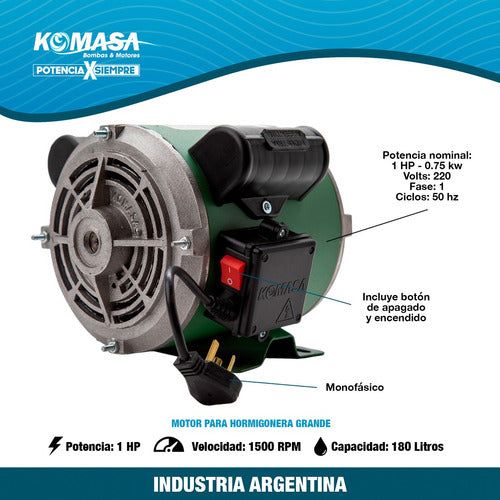 Motor Hormigonera 1hp Reforado 180lt Komasa Mezcladora Tromp 3