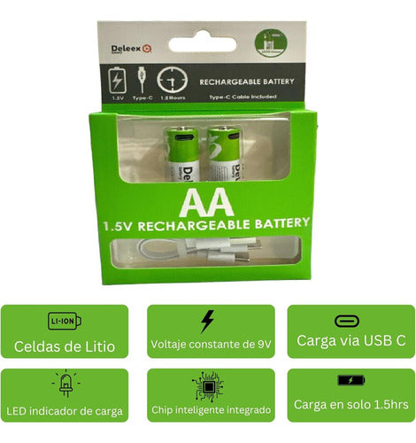 Deleex Rechargeable AA Batteries x 2 USB-C 2600mAh 1