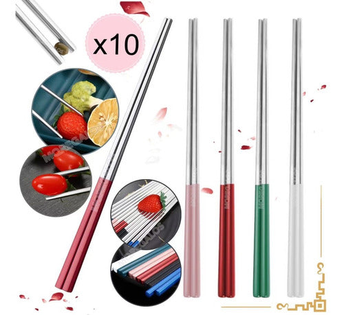 Set Juego De 10 Pares Palitos Chinos Acero Inoxidable Sushi 1