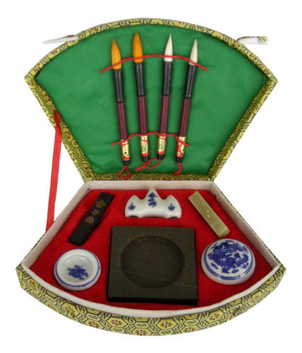 Generic Chinese Japanese Calligraphy Set, Sumi-e Suzuri, Fan Box 0