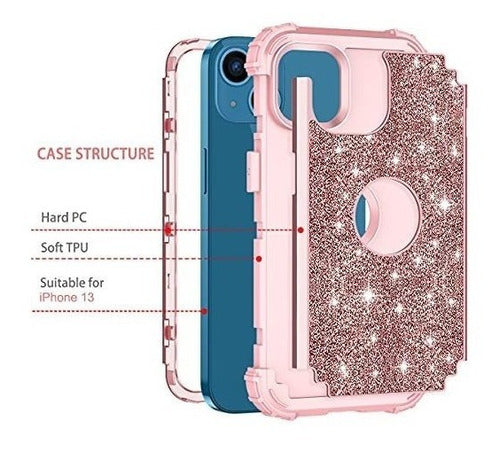 Funda Para iPhone 13 Shockproof Brillo Glitter Oro Rosa 1