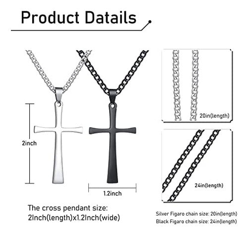 CALIS 2 Simple Stainless Steel Necklaces with Silver Cross and Black Pendant 1