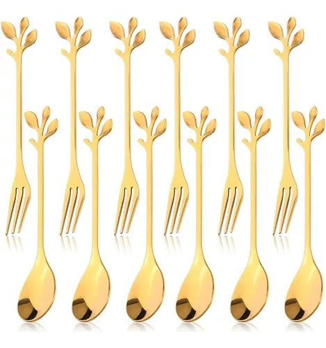 Home Love 12-Piece Golden Dessert Fork and Spoon Set with Flower Design 0